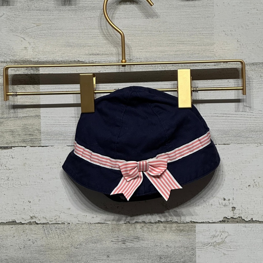 Janie and Jack Bucket Hat Girls 3-6m Navy Blue Striped Bow EUC